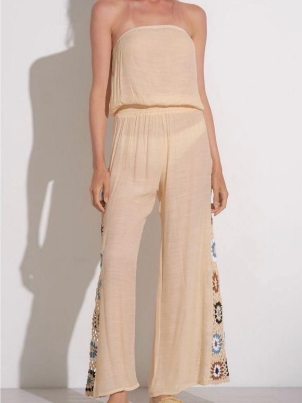 Large Elan Strapless Crochet Panel Jumpsuit Boho Wide Leg NWT
